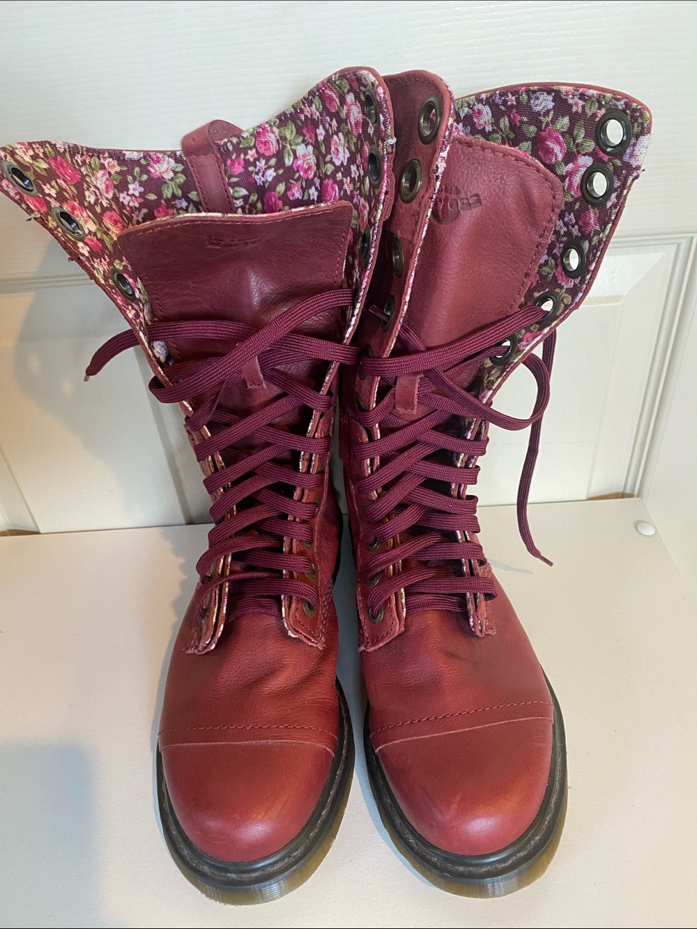 Dr. Martens Burgundy Floral-Trim Lace-Up Boots